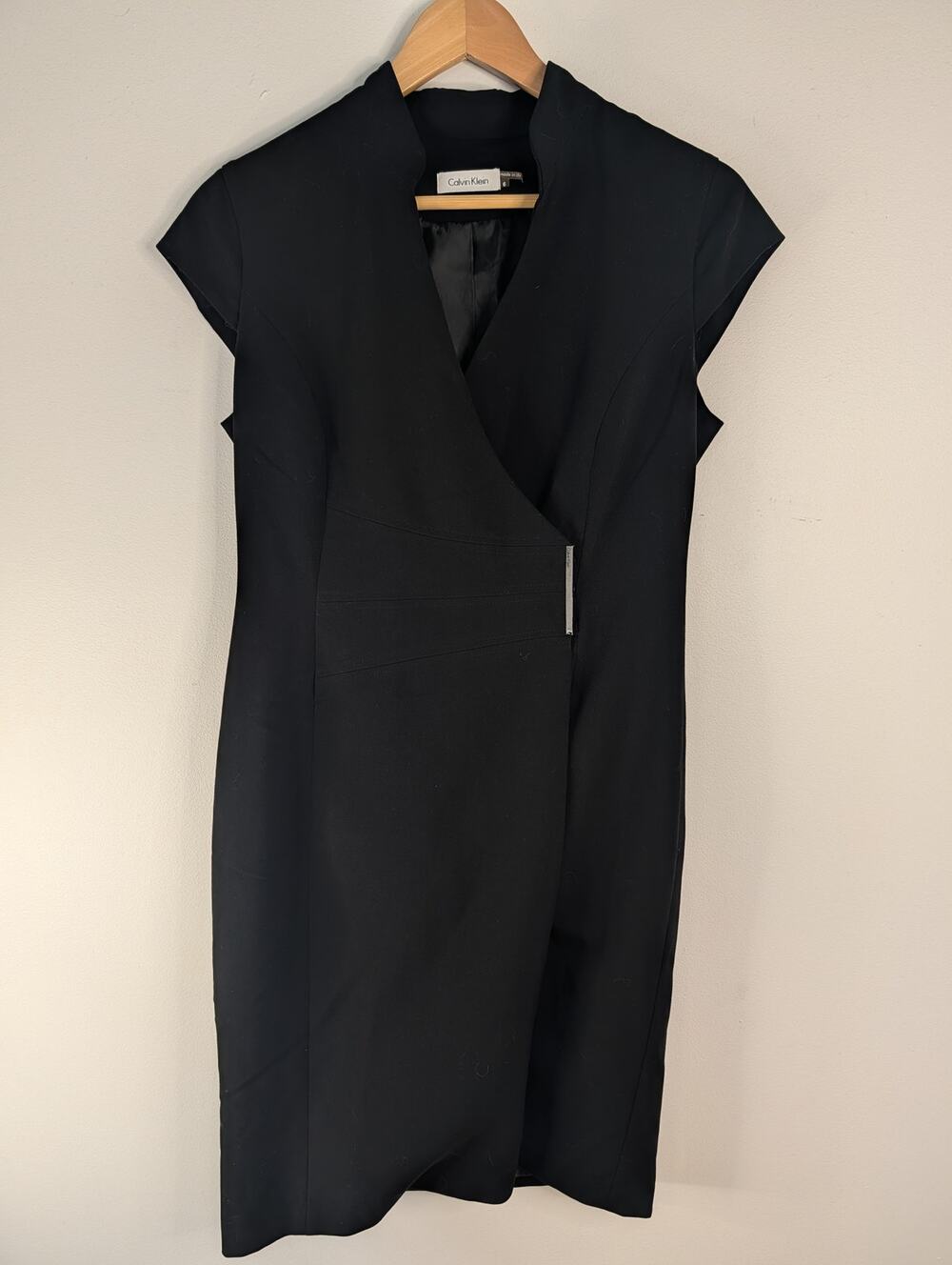 Calvin Klein Black Wrap Dress Size 6 Minimalist Cap Sleeve